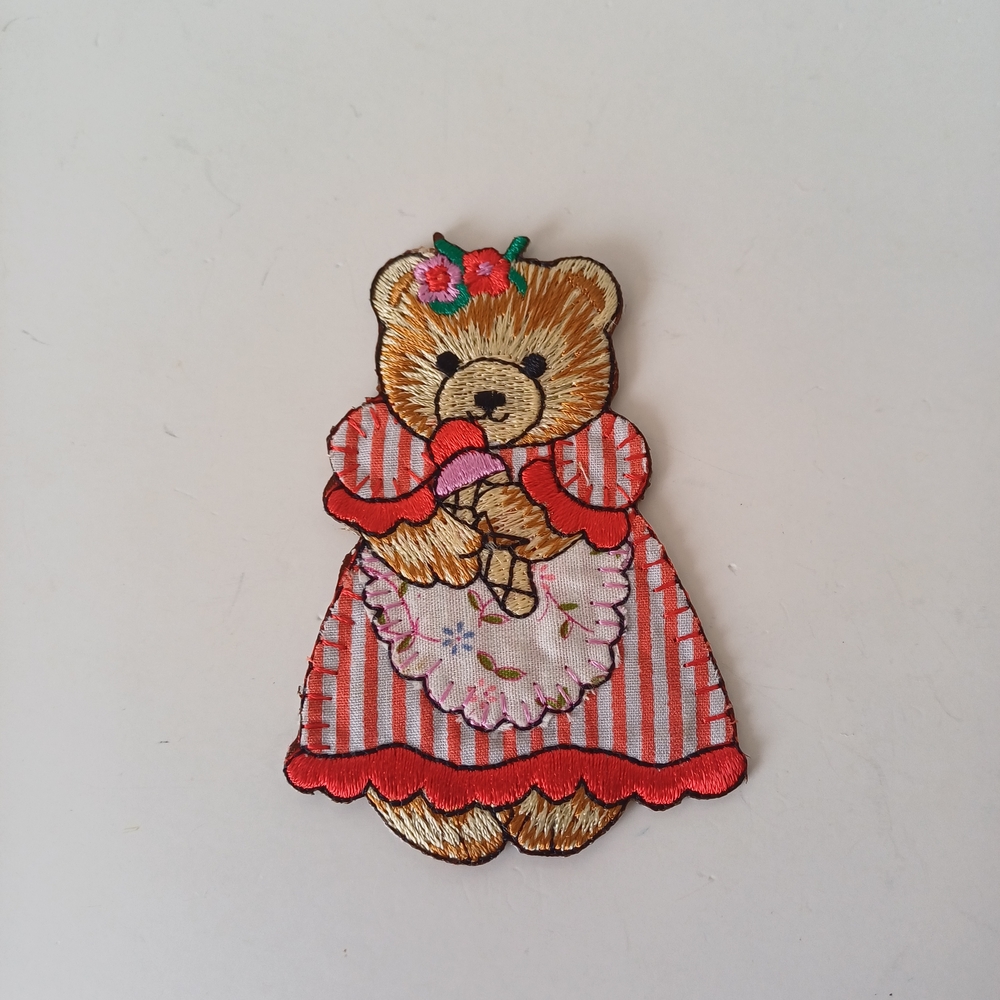 Lovely Vintage Teddy Bear Girl with Striped Dress Sew On Patch 3" x 2"